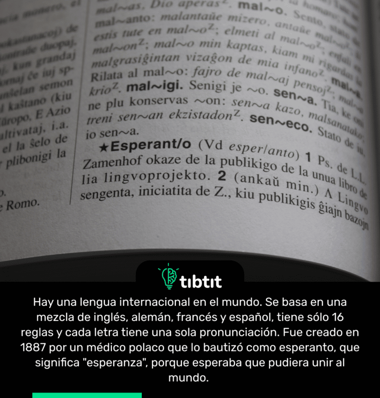 Hay una lengua internacional en el mundo. Se basa en una mezcla de inglés, alemán, francés y español, tiene sólo 16 reglas y cada letra tiene una sola pronunciación. Fue creado en 1887 por un médico polaco que lo bautizó como esperanto, que significa "esperanza", porque esperaba que pudiera unir al mundo.