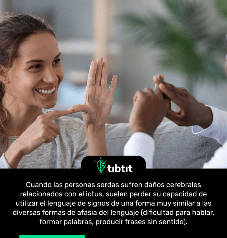 Cuando las personas sordas sufren daños cerebrales relacionados con el ictus, suelen perder su capacidad de utilizar el lenguaje de signos de una forma muy similar a las diversas formas de afasia del lenguaje (dificultad para hablar, formar palabras, producir frases sin sentido).