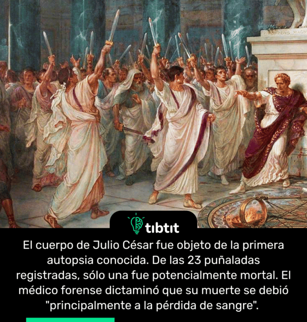 El cuerpo de Julio César fue objeto de la primera autopsia conocida. De las 23 puñaladas registradas, sólo una fue potencialmente mortal. El médico forense dictaminó que su muerte se debió "principalmente a la pérdida de sangre".