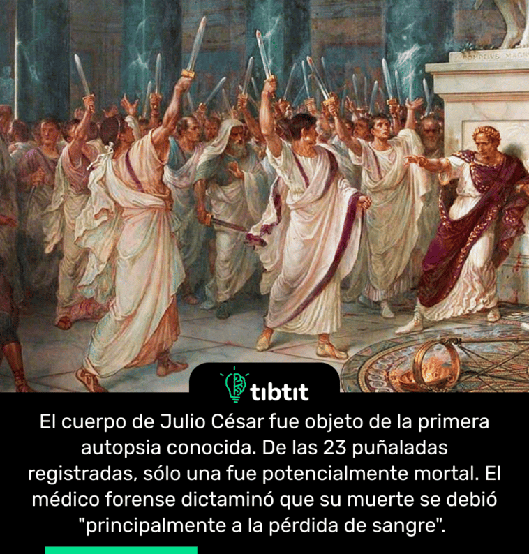 El cuerpo de Julio César fue objeto de la primera autopsia conocida. De las 23 puñaladas registradas, sólo una fue potencialmente mortal. El médico forense dictaminó que su muerte se debió "principalmente a la pérdida de sangre".
