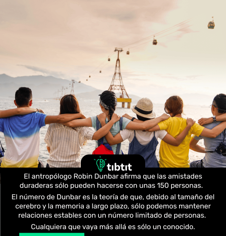 El antropólogo Robin Dunbar afirma que las amistades duraderas sólo pueden hacerse con unas 150 personas. El número de Dunbar es la teoría de que, debido al tamaño del cerebro y la memoria a largo plazo, sólo podemos mantener relaciones estables con un número limitado de personas. Cualquiera que vaya más allá es sólo un conocido.
