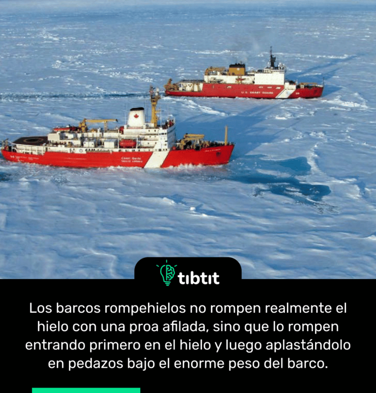 Los barcos rompehielos no rompen realmente el hielo con una proa afilada, sino que lo rompen entrando primero en el hielo y luego aplastándolo en pedazos bajo el enorme peso del barco.