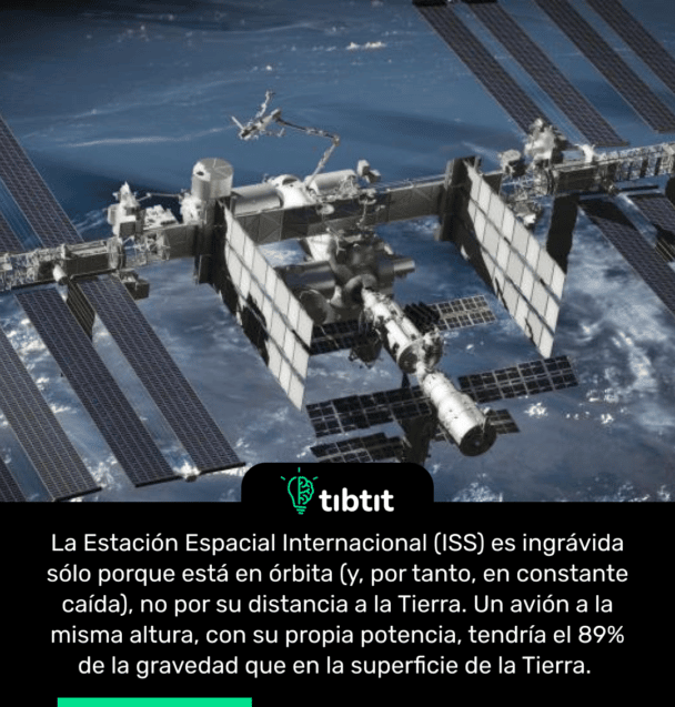 La Estación Espacial Internacional (ISS) es ingrávida sólo porque está en órbita (y, por tanto, en constante caída), no por su distancia a la Tierra. Un avión a la misma altura, con su propia potencia, tendría el 89% de la gravedad que en la superficie de la Tierra.