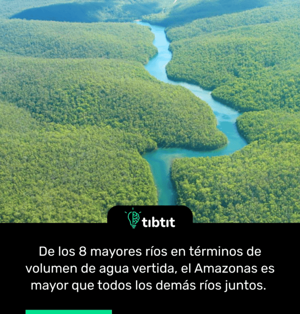 De los 8 mayores ríos en términos de volumen de agua vertida, el Amazonas es mayor que todos los demás ríos juntos.