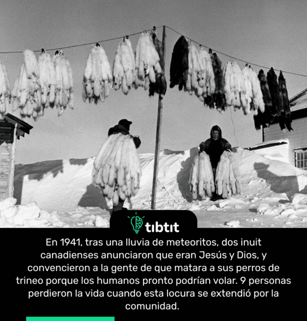 En 1941, tras una lluvia de meteoritos, dos inuit canadienses anunciaron que eran Jesús y Dios, y convencieron a la gente de que matara a sus perros de trineo porque los humanos pronto podrían volar. 9 personas perdieron la vida cuando esta locura se extendió por la comunidad.