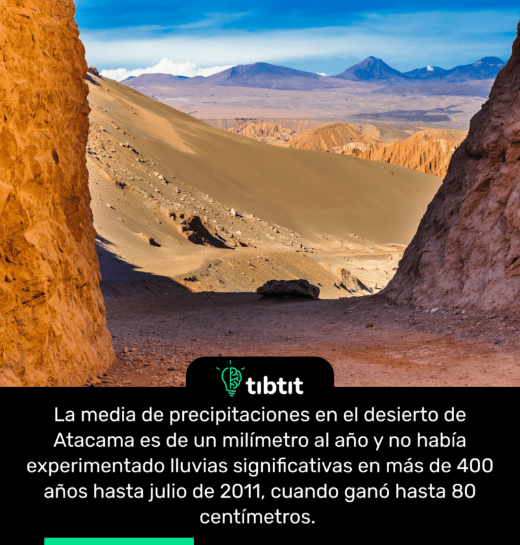 La media de precipitaciones en el desierto de Atacama es de un milímetro al año y no había experimentado lluvias significativas en más de 400 años hasta julio de 2011, cuando ganó hasta 80 centímetros.