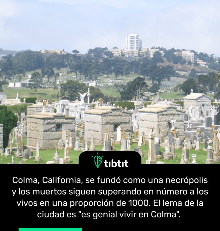 Colma, California, se fundó como una necrópolis y los muertos siguen superando en número a los vivos en una proporción de 1000. El lema de la ciudad es "es genial vivir en Colma".