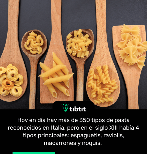 Hoy en día hay más de 350 tipos de pasta reconocidos en Italia, pero en el siglo XIII había 4 tipos principales: espaguetis, raviolis, macarrones y ñoquis.