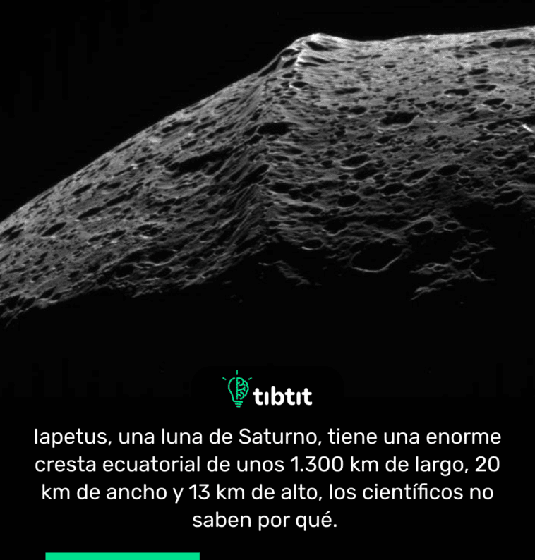 Iapetus, una luna de Saturno, tiene una enorme cresta ecuatorial de unos 1.300 km de largo, 20 km de ancho y 13 km de alto, los científicos no saben por qué.