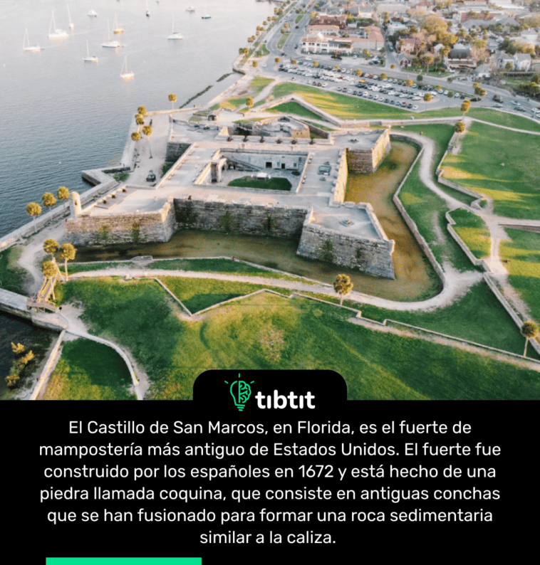 El Castillo de San Marcos, en Florida, es el fuerte de mampostería más antiguo de Estados Unidos. El fuerte fue construido por los españoles en 1672 y está hecho de una piedra llamada coquina, que consiste en antiguas conchas que se han fusionado para formar una roca sedimentaria similar a la caliza.
