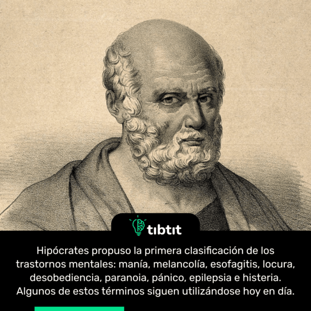 Hipócrates propuso la primera clasificación de los trastornos mentales: manía, melancolía, esofagitis, locura, desobediencia, paranoia, pánico, epilepsia e histeria. Algunos de estos términos siguen utilizándose hoy en día.