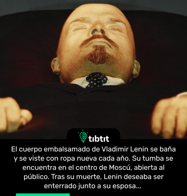 El cuerpo embalsamado de Vladimir Lenin se baña y se viste con ropa nueva cada año. Su tumba se encuentra en el centro de Moscú, abierta al público. Tras su muerte, Lenin deseaba ser enterrado junto a su esposa...