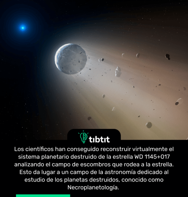 Los científicos han conseguido reconstruir virtualmente el sistema planetario destruido de la estrella WD 1145+017 analizando el campo de escombros que rodea a la estrella. Esto da lugar a un campo de la astronomía dedicado al estudio de los planetas destruidos, conocido como Necroplanetología.
