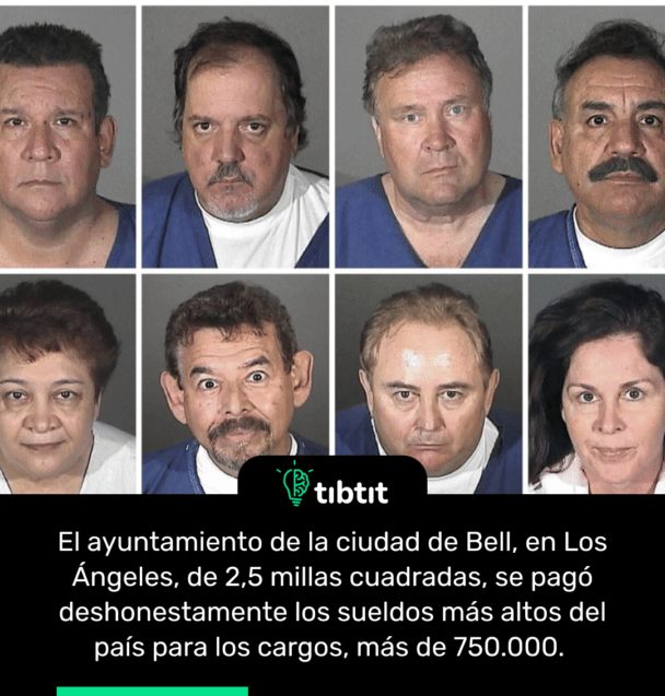 El ayuntamiento de la ciudad de Bell, en Los Ángeles, de 2,5 millas cuadradas, se pagó deshonestamente los sueldos más altos del país para los cargos, más de 750.000.