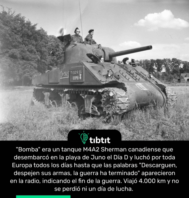 "Bomba" era un tanque M4A2 Sherman canadiense que desembarcó en la playa de Juno el Día D y luchó por toda Europa todos los días hasta que las palabras "Descarguen, despejen sus armas, la guerra ha terminado" aparecieron en la radio, indicando el fin de la guerra. Viajó 4.000 km y no se perdió ni un día de lucha.