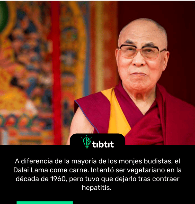 A diferencia de la mayoría de los monjes budistas, el Dalai Lama come carne. Intentó ser vegetariano en la década de 1960, pero tuvo que dejarlo tras contraer hepatitis.
