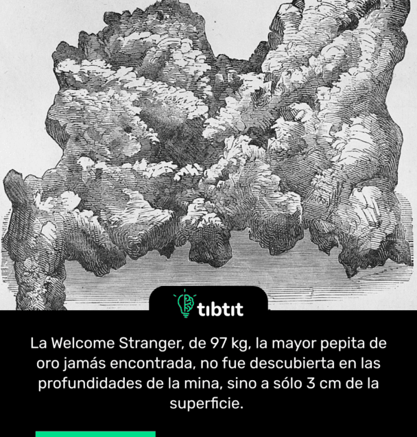 La Welcome Stranger, de 97 kg, la mayor pepita de oro jamás encontrada, no fue descubierta en las profundidades de la mina, sino a sólo 3 cm de la superficie.