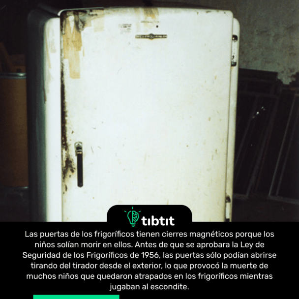 Las puertas de los frigoríficos tienen cierres magnéticos porque los niños solían morir en ellos. Antes de que se aprobara la Ley de Seguridad de los Frigoríficos de 1956, las puertas sólo podían abrirse tirando del tirador desde el exterior, lo que provocó la muerte de muchos niños que quedaron atrapados en los frigoríficos mientras jugaban al escondite.