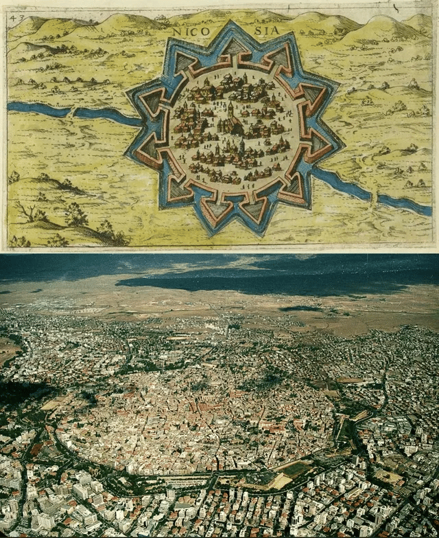 Mapa del siglo XVI de Nicosia, Chipre, además de una fotografía aérea contemporánea de una ciudad amurallada.