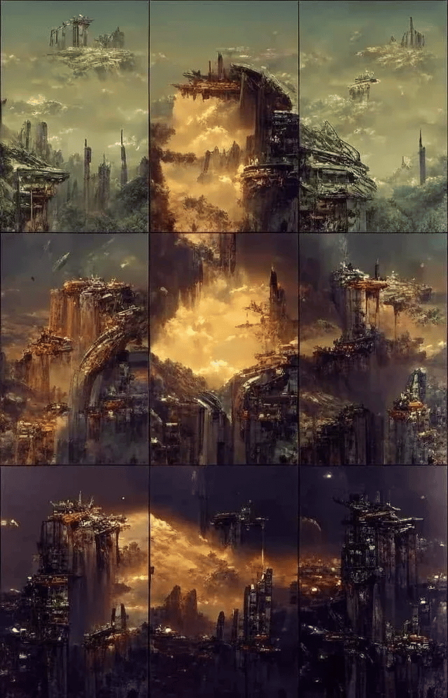 La pintura titulada "Civilización abandonada" consta de 9 imágenes creadas y editadas por inteligencia artificial.