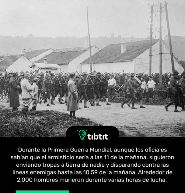 Durante la Primera Guerra Mundial, aunque los oficiales sabían que el armisticio sería a las 11 de la mañana, siguieron enviando tropas a tierra de nadie y disparando contra las líneas enemigas hasta las 10.59 de la mañana. Alrededor de 2.000 hombres murieron durante varias horas de lucha.