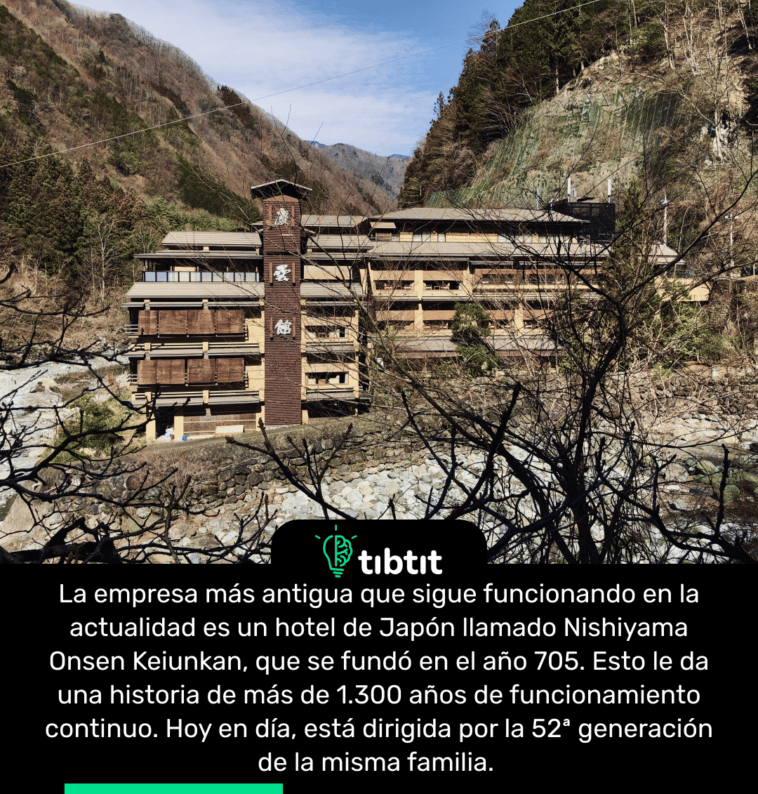 La empresa más antigua que sigue funcionando en la actualidad es un hotel de Japón llamado Nishiyama Onsen Keiunkan, que se fundó en el año 705. Esto le da una historia de más de 1.300 años de funcionamiento continuo. Hoy en día, está dirigida por la 52ª generación de la misma familia.