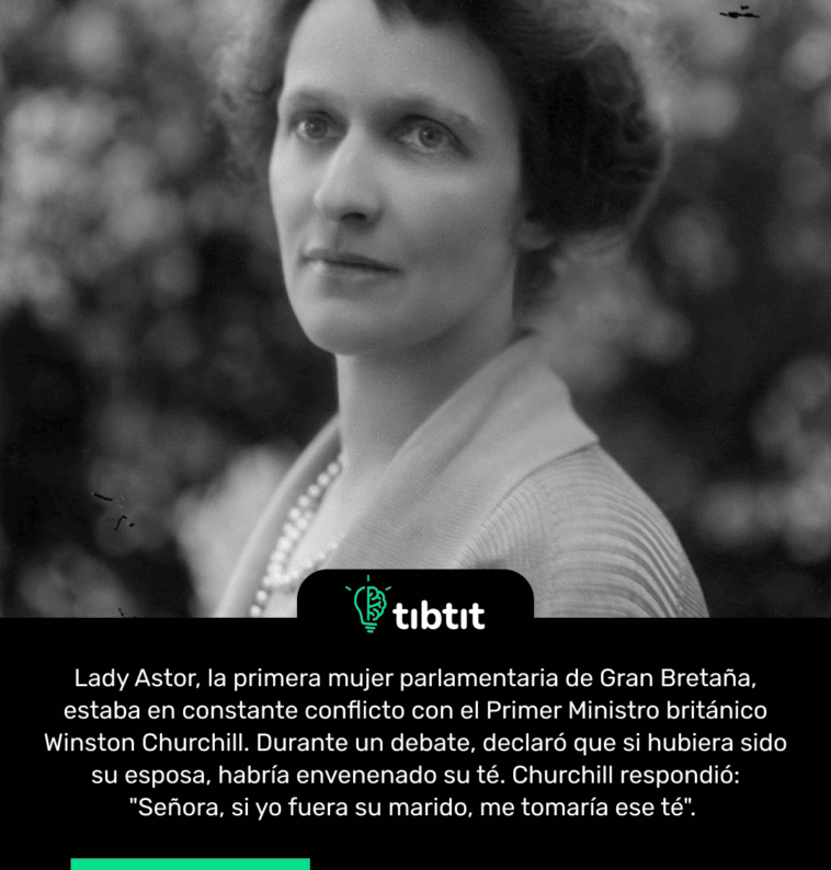 Lady Astor, la primera mujer parlamentaria de Gran Bretaña, estaba en constante conflicto con el Primer Ministro británico Winston Churchill. Durante un debate, declaró que si hubiera sido su esposa, habría envenenado su té. Churchill respondió: "Señora, si yo fuera su marido, me tomaría ese té".