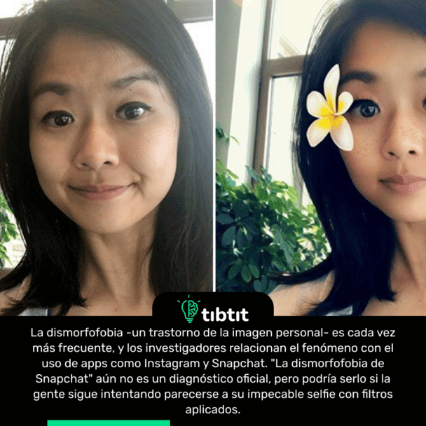 La dismorfofobia -un trastorno de la imagen personal- es cada vez más frecuente, y los investigadores relacionan el fenómeno con el uso de apps como Instagram y Snapchat. "La dismorfofobia de Snapchat" aún no es un diagnóstico oficial, pero podría serlo si la gente sigue intentando parecerse a su impecable selfie con filtros aplicados.