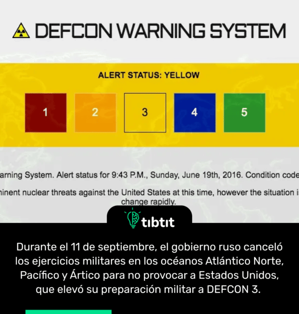 Durante el 11 de septiembre, el gobierno ruso canceló los ejercicios militares en los océanos Atlántico Norte, Pacífico y Ártico para no provocar a Estados Unidos, que elevó su preparación militar a DEFCON 3.