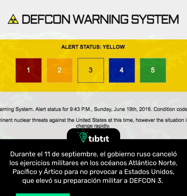 Durante el 11 de septiembre, el gobierno ruso canceló los ejercicios militares en los océanos Atlántico Norte, Pacífico y Ártico para no provocar a Estados Unidos, que elevó su preparación militar a DEFCON 3.