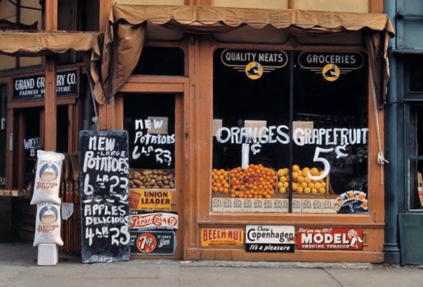 Naranjas por 1 centavo en la tienda Seed and Feed en Lincoln, Nebraska. (1942). El fotógrafo es Vachon, John.
