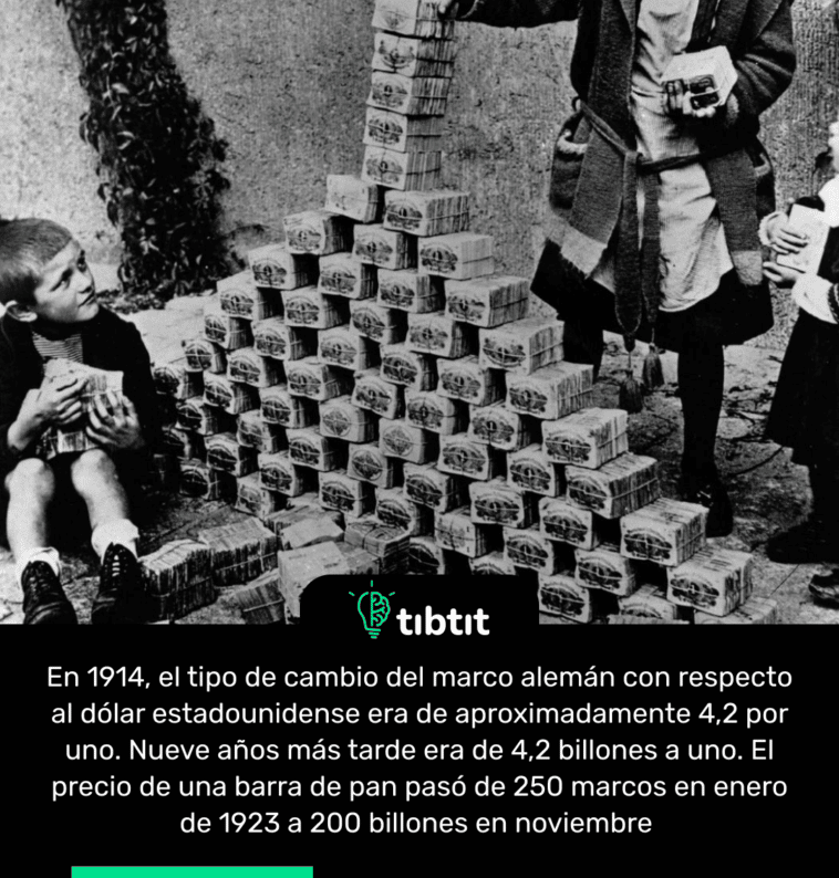 En 1914, el tipo de cambio del marco alemán con respecto al dólar estadounidense era de aproximadamente 4,2 por uno. Nueve años más tarde era de 4,2 billones a uno. El precio de una barra de pan pasó de 250 marcos en enero de 1923 a 200 billones en noviembre