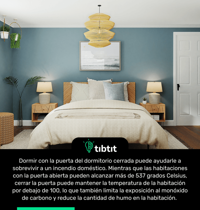 Dormir con la puerta del dormitorio cerrada puede ayudarle a sobrevivir a un incendio doméstico. Mientras que las habitaciones con la puerta abierta pueden alcanzar más de 537 grados Celsius, cerrar la puerta puede mantener la temperatura de la habitación por debajo de 100, lo que también limita la exposición al monóxido de carbono y reduce la cantidad de humo en la habitación.
