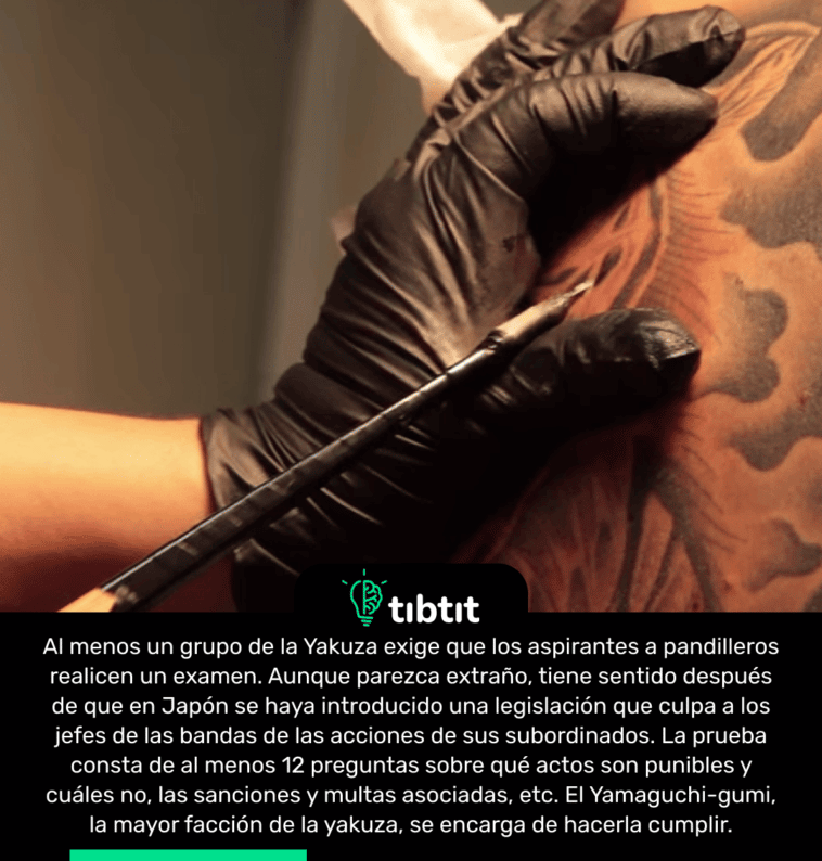 Al menos un grupo de la Yakuza exige que los aspirantes a pandilleros realicen un examen. Aunque parezca extraño, tiene sentido después de que en Japón se haya introducido una legislación que culpa a los jefes de las bandas de las acciones de sus subordinados. La prueba consta de al menos 12 preguntas sobre qué actos son punibles y cuáles no, las sanciones y multas asociadas, etc. El Yamaguchi-gumi, la mayor facción de la yakuza, se encarga de hacerla cumplir.