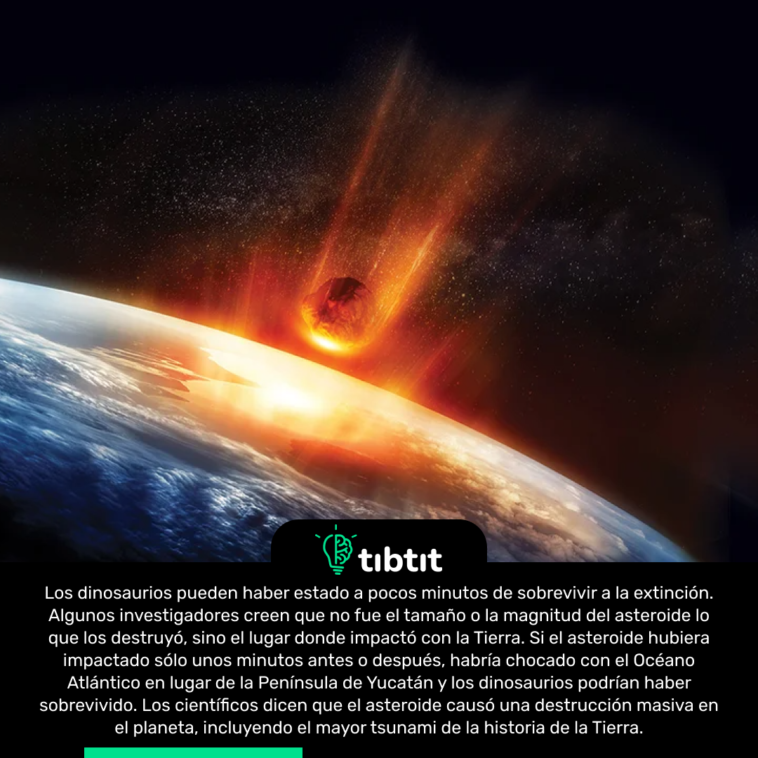 Los dinosaurios pueden haber estado a pocos minutos de sobrevivir a la extinción. Algunos investigadores creen que no fue el tamaño o la magnitud del asteroide lo que los destruyó, sino el lugar donde impactó con la Tierra. Si el asteroide hubiera impactado sólo unos minutos antes o después, habría chocado con el Océano Atlántico en lugar de la Península de Yucatán y los dinosaurios podrían haber sobrevivido. Los científicos dicen que el asteroide causó una destrucción masiva en el planeta, incluyendo el mayor tsunami de la historia de la Tierra.