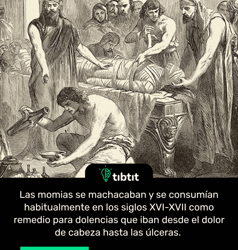 Las momias se machacaban y se consumían habitualmente en los siglos XVI-XVII como remedio para dolencias que iban desde el dolor de cabeza hasta las úlceras.