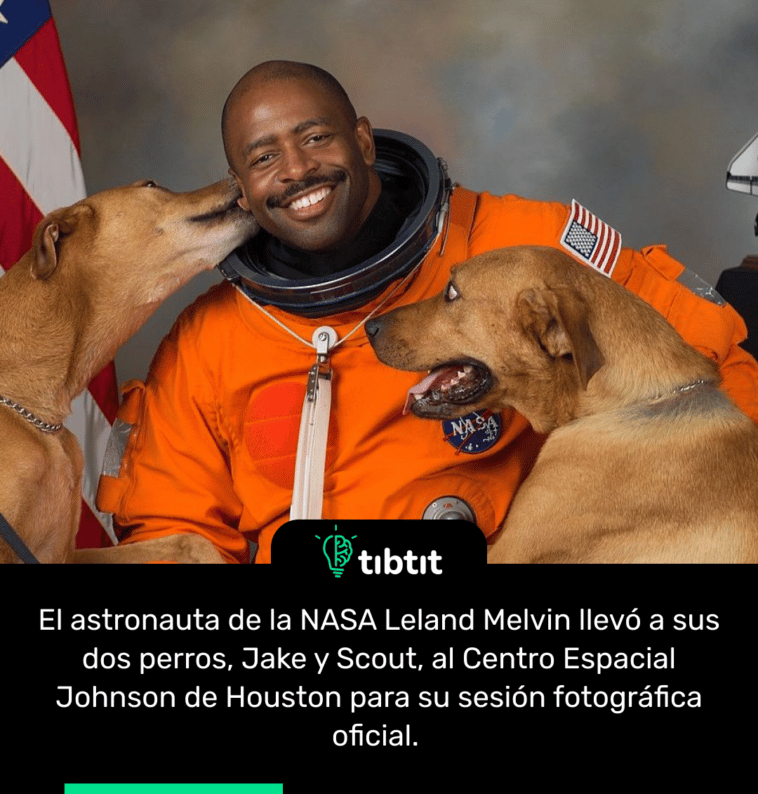El astronauta de la NASA Leland Melvin llevó a sus dos perros, Jake y Scout, al Centro Espacial Johnson de Houston para su sesión fotográfica oficial.