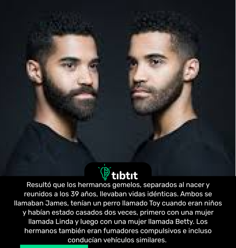 Resultó que los hermanos gemelos, separados al nacer y reunidos a los 39 años, llevaban vidas idénticas. Ambos se llamaban James, tenían un perro llamado Toy cuando eran niños y habían estado casados dos veces, primero con una mujer llamada Linda y luego con una mujer llamada Betty. Los hermanos también eran fumadores compulsivos e incluso conducían vehículos similares.