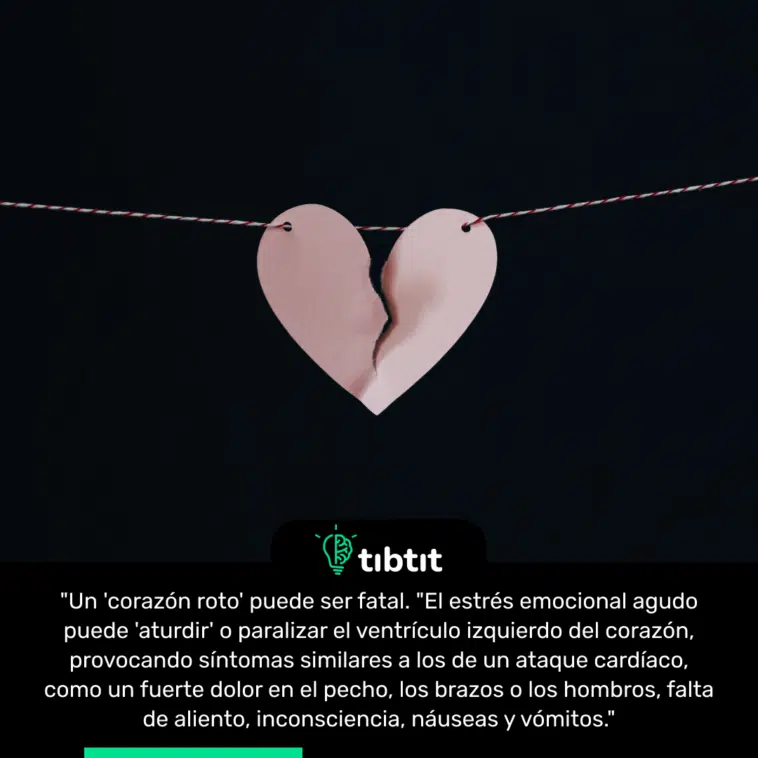 "Un 'corazón roto' puede ser fatal. "El estrés emocional agudo puede 'aturdir' o paralizar el ventrículo izquierdo del corazón, provocando síntomas similares a los de un ataque cardíaco, como un fuerte dolor en el pecho, los brazos o los hombros, falta de aliento, inconsciencia, náuseas y vómitos."