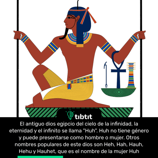 El antiguo dios egipcio del cielo de la infinidad, la eternidad y el infinito se llama "Huh". Huh no tiene género y puede presentarse como hombre o mujer. Otros nombres populares de este dios son Heh, Hah, Hauh, Hehu y Hauhet, que es el nombre de la mujer Huh.