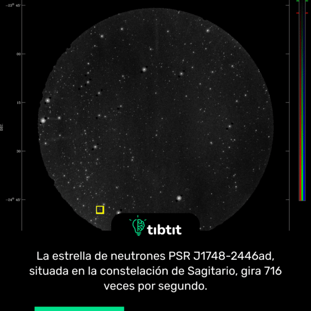 La estrella de neutrones PSR J1748-2446ad, situada en la constelación de Sagitario, gira 716 veces por segundo.