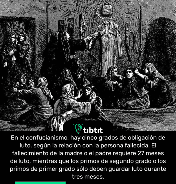 En el confucianismo, hay cinco grados de obligación de luto, según la relación con la persona fallecida. El fallecimiento de la madre o el padre requiere 27 meses de luto, mientras que los primos de segundo grado o los primos de primer grado sólo deben guardar luto durante tres meses.