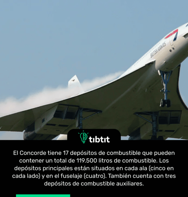 El Concorde tiene 17 depósitos de combustible que pueden contener un total de 119.500 litros de combustible. Los depósitos principales están situados en cada ala (cinco en cada lado) y en el fuselaje (cuatro). También cuenta con tres depósitos de combustible auxiliares.