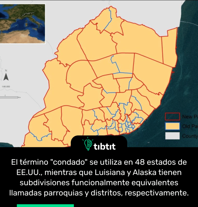 El término "condado" se utiliza en 48 estados de EE.UU., mientras que Luisiana y Alaska tienen subdivisiones funcionalmente equivalentes llamadas parroquias y distritos, respectivamente.