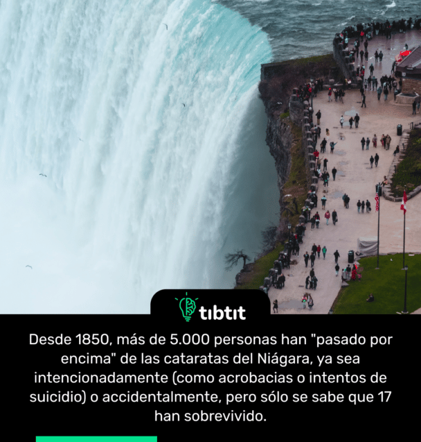 Desde 1850, más de 5.000 personas han "pasado por encima" de las cataratas del Niágara, ya sea intencionadamente (como acrobacias o intentos de suicidio) o accidentalmente, pero sólo se sabe que 17 han sobrevivido.
