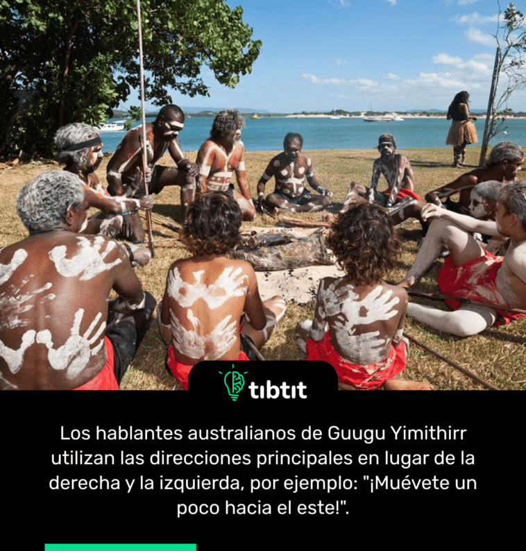 Los hablantes australianos de Guugu Yimithirr utilizan las direcciones principales en lugar de la derecha y la izquierda, por ejemplo: "¡Muévete un poco hacia el este!".