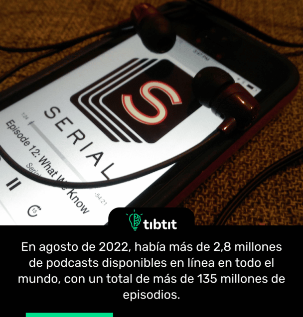 En agosto de 2022, había más de 2,8 millones de podcasts disponibles en línea en todo el mundo, con un total de más de 135 millones de episodios.