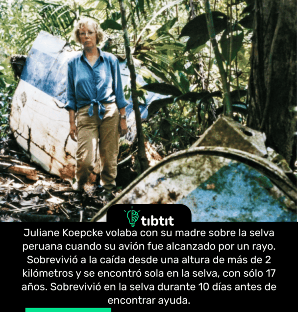 Juliane Koepcke volaba con su madre sobre la selva peruana cuando su avión fue alcanzado por un rayo. Sobrevivió a la caída desde una altura de más de 2 kilómetros y se encontró sola en la selva, con sólo 17 años. Sobrevivió en la selva durante 10 días antes de encontrar ayuda.