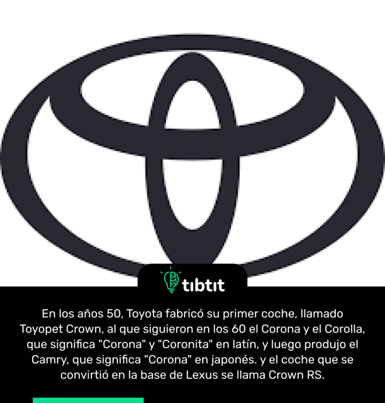 En los años 50, Toyota fabricó su primer coche, llamado Toyopet Crown, al que siguieron en los 60 el Corona y el Corolla, que significa "Corona" y "Coronita" en latín, y luego produjo el Camry, que significa "Corona" en japonés. y el coche que se convirtió en la base de Lexus se llama Crown RS.