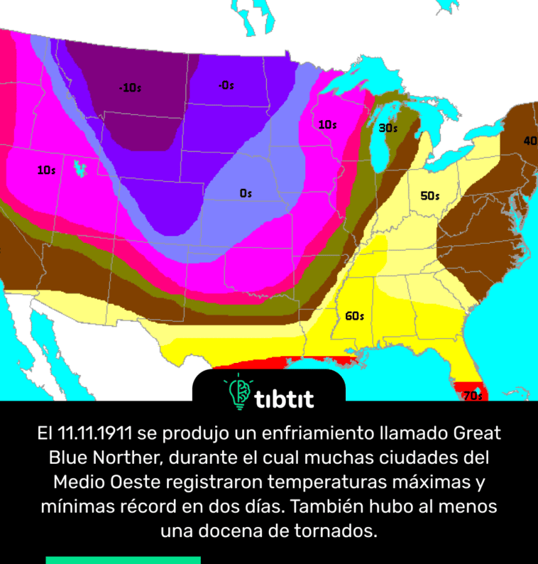El 11.11.1911 se produjo un enfriamiento llamado Great Blue Norther, durante el cual muchas ciudades del Medio Oeste registraron temperaturas máximas y mínimas récord en dos días. También hubo al menos una docena de tornados.